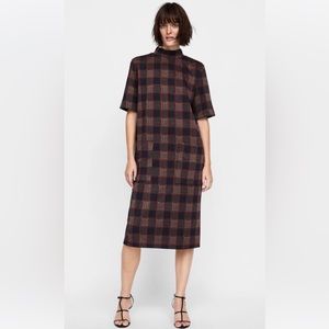 Zara Woman Red Plaid Short Sleeves Midi Dress with Pockets